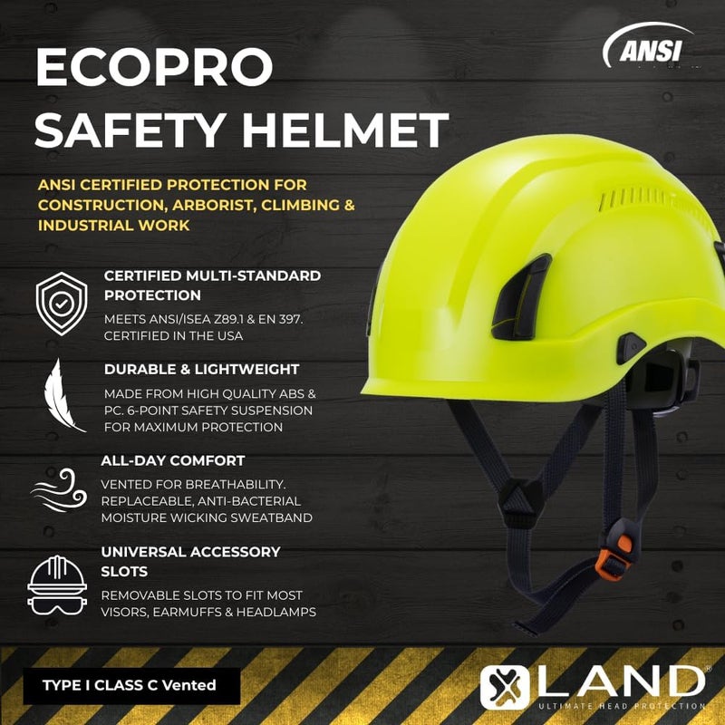 Land Helmets EcoPro Safety Helmet - ANSI/ISEA Z89.1-201 Type 1 Class C Vented - OSHA Approved - Lightweight Helmet with 6 Pt Suspension for Arborist, Industrial & Fall Protection - Image 2